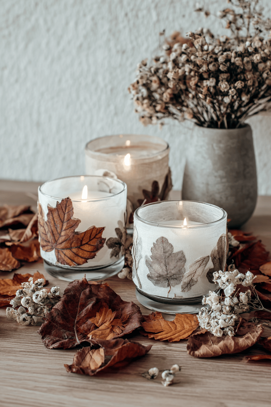 Herbstliche Teelichter in Gläsern mit getrockneten Blättern dekoriert.