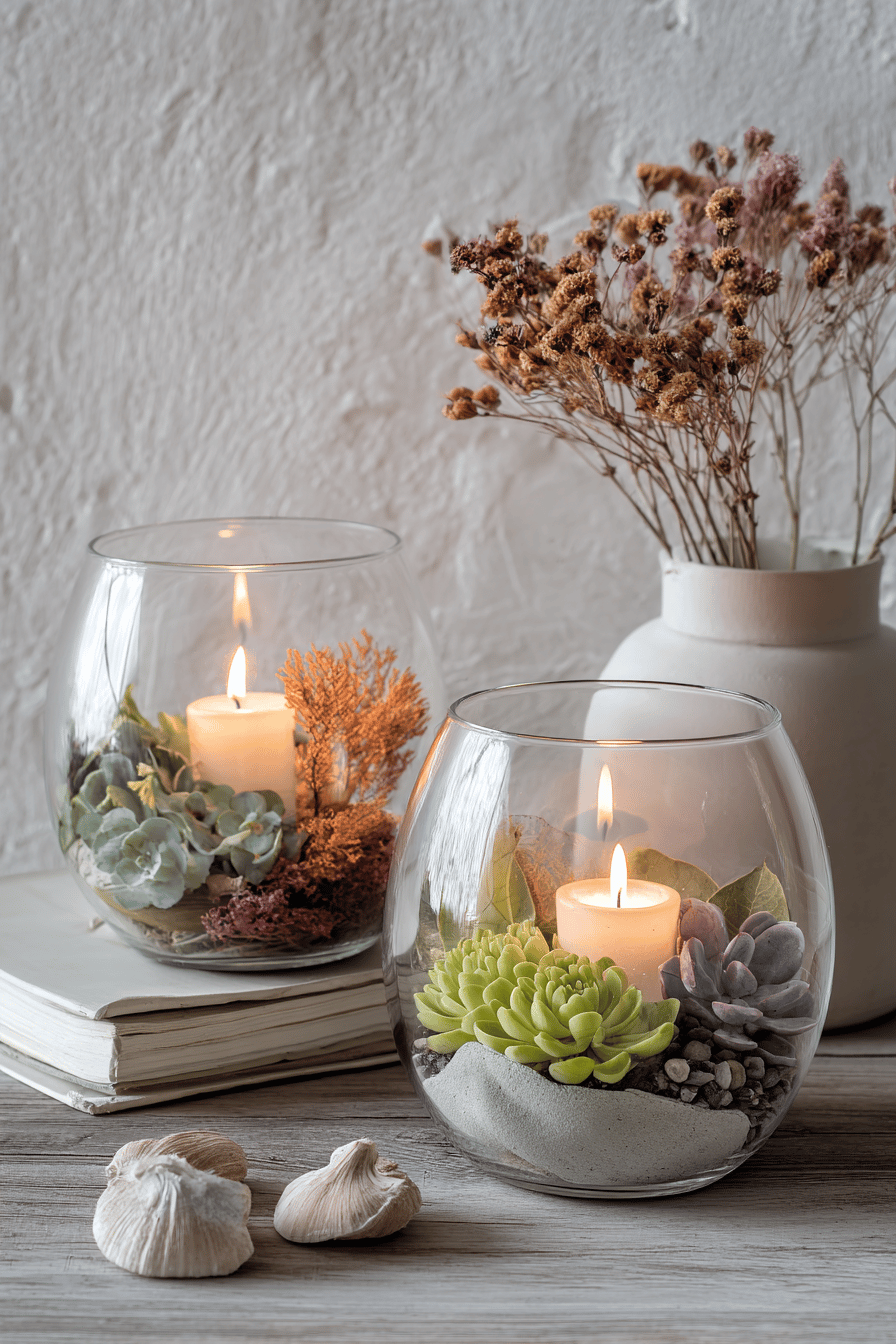Zwei Glasbehälter mit Teelichtern und herbstlicher Dekoration aus Sukkulenten und getrockneten Blumen.