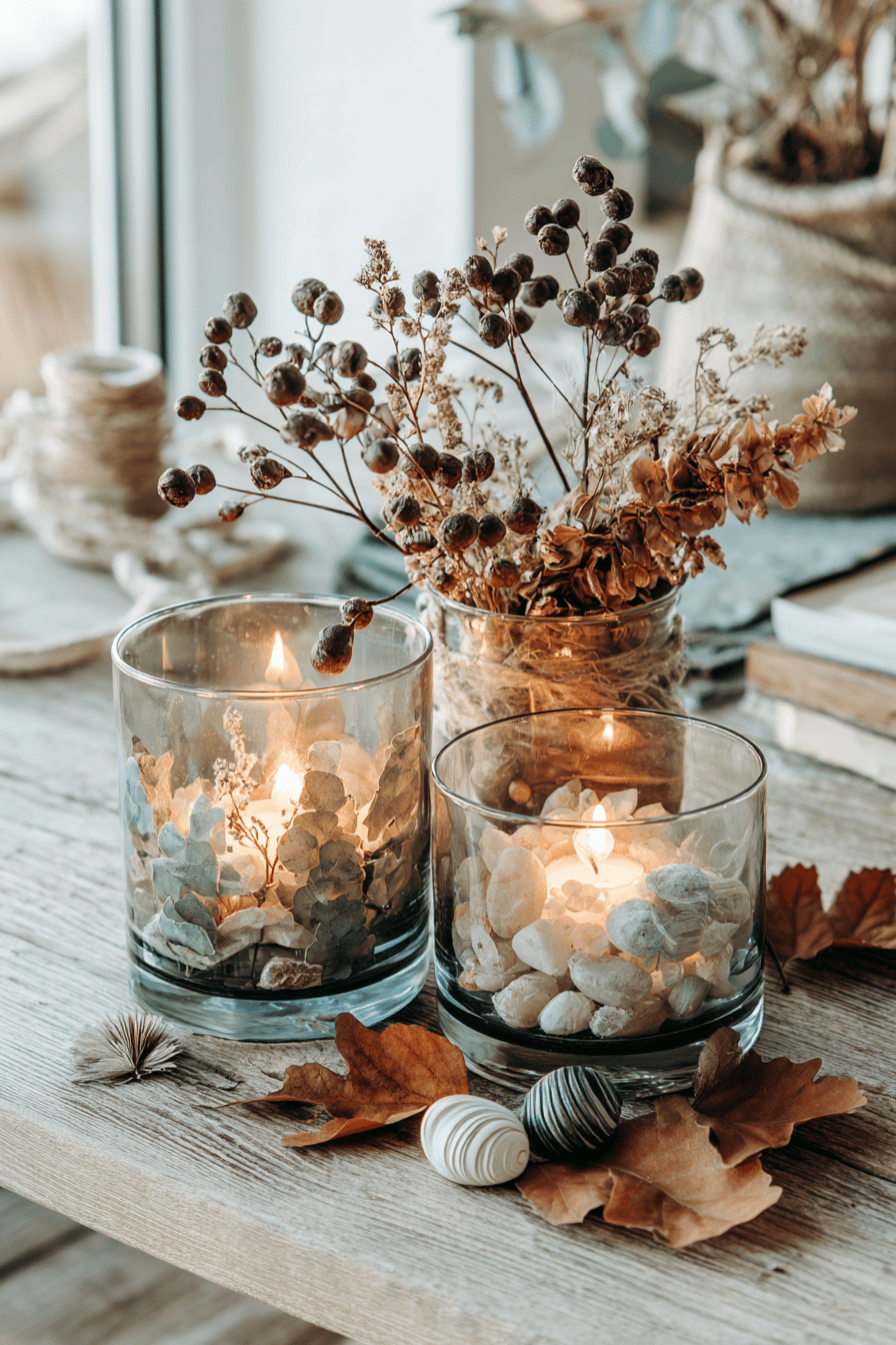 Herbstliche Windlichter aus Glas mit getrockneten Blumen und Beeren auf einem Tisch.