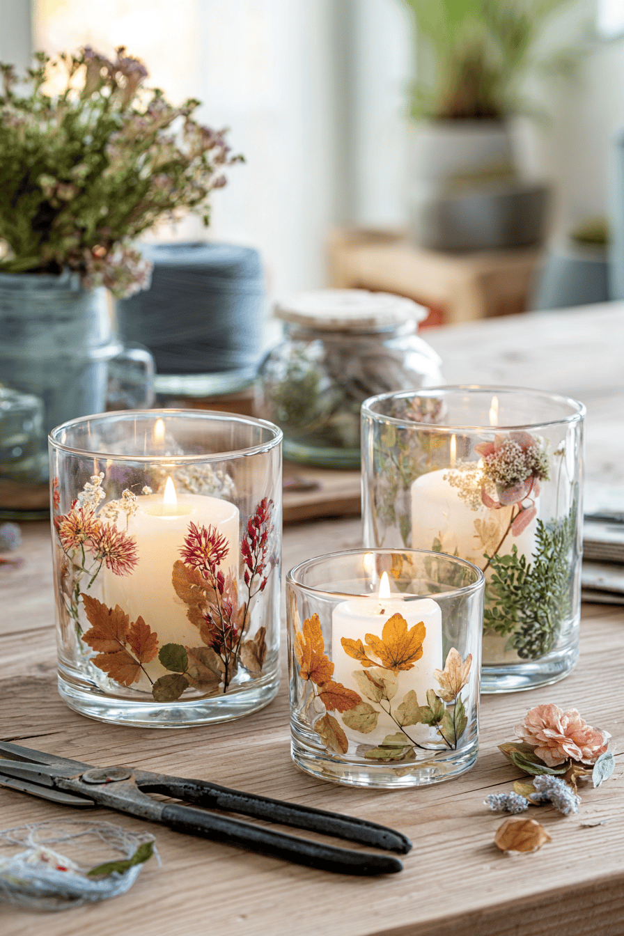 Drei Gläser mit Teelichtern und herbstlichen Blättern verziert, auf einem Tisch platziert.