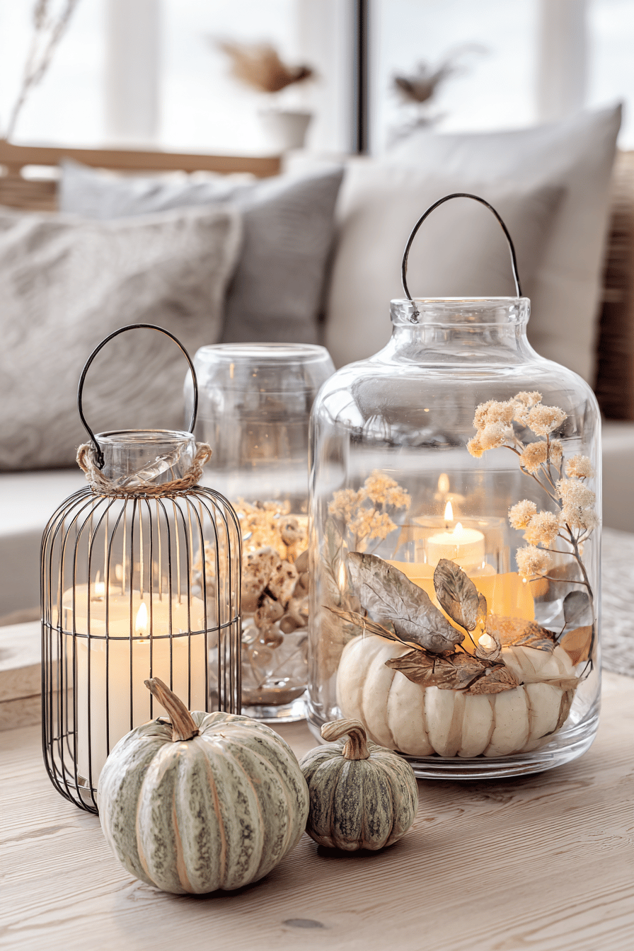 Glaswindlichter mit Kerzen und herbstlichen Dekorationen auf einem Tisch.