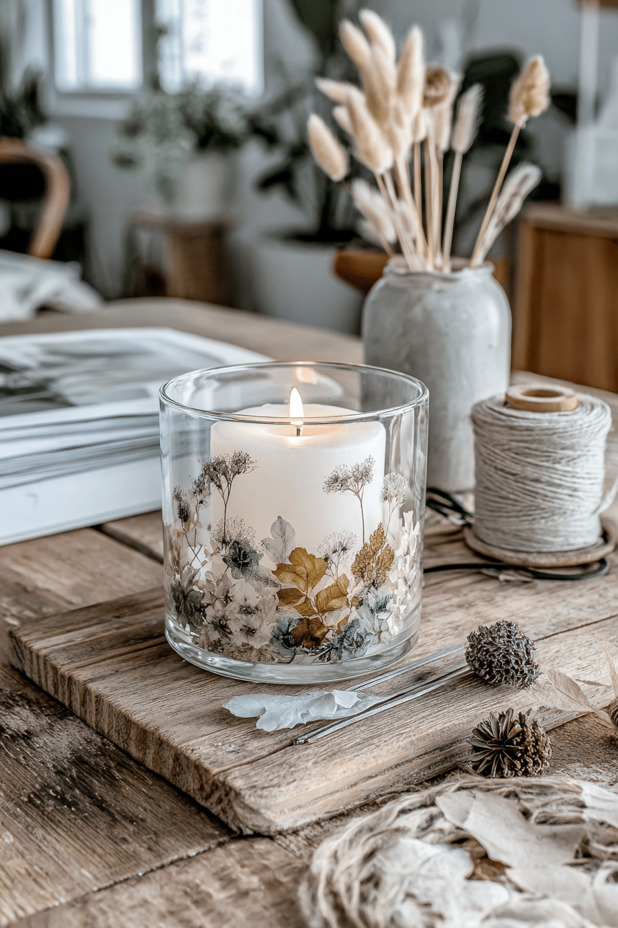 Ein Glas-Teelicht dekoriert mit getrockneten Blumen auf einem Holzbrett.