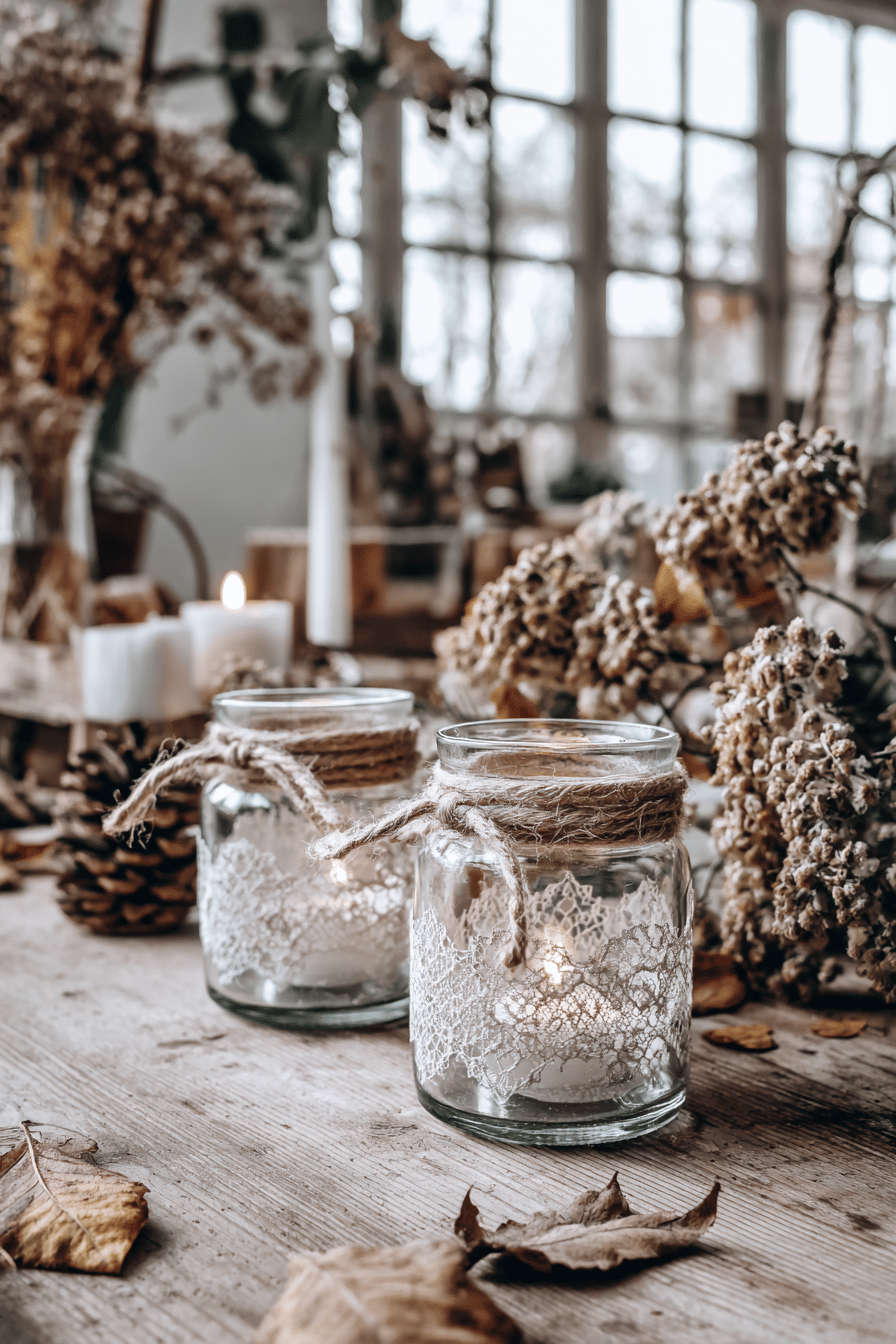 Zwei gläserne Teelichter, dekoriert mit Spitze und Juteband, stehen auf einem Holztisch umgeben von herbstlichen Elementen.