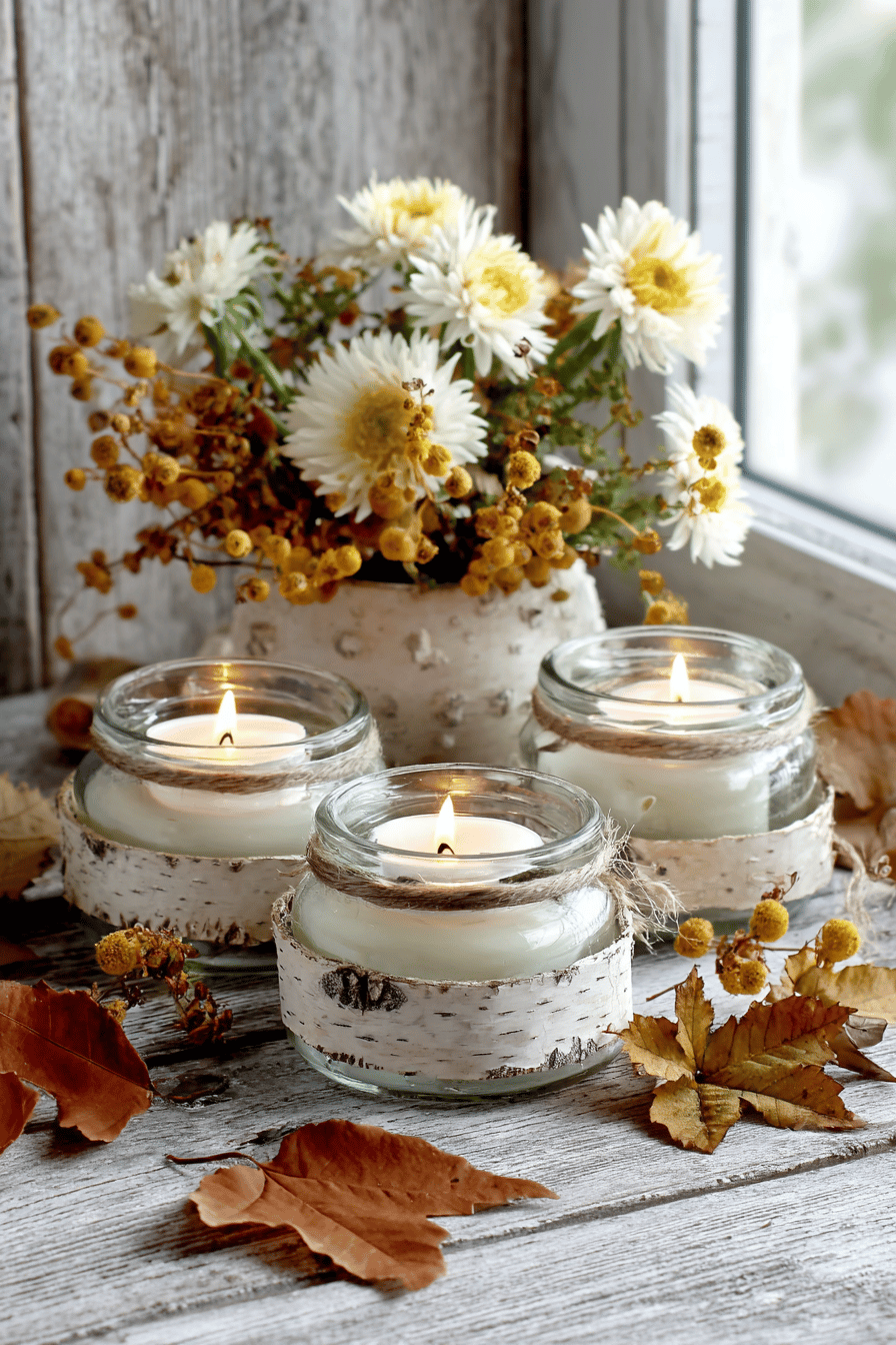 Drei Glas-Teelichter mit Birkenrinde und herbstlicher Dekoration.