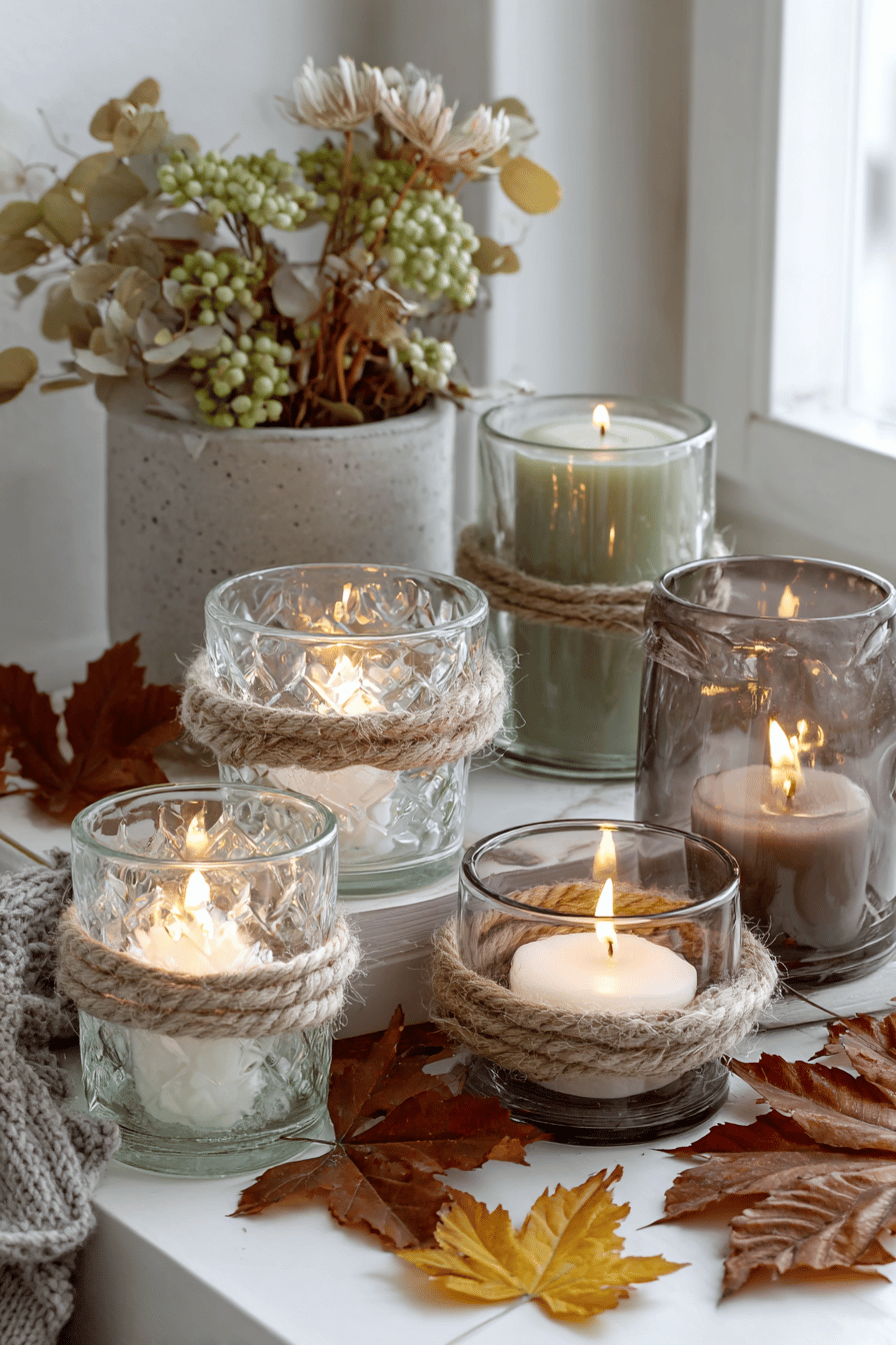 Rustikale Glas-Windlichter mit herbstlichen Details wie Blättern und Schnurverzierungen.
