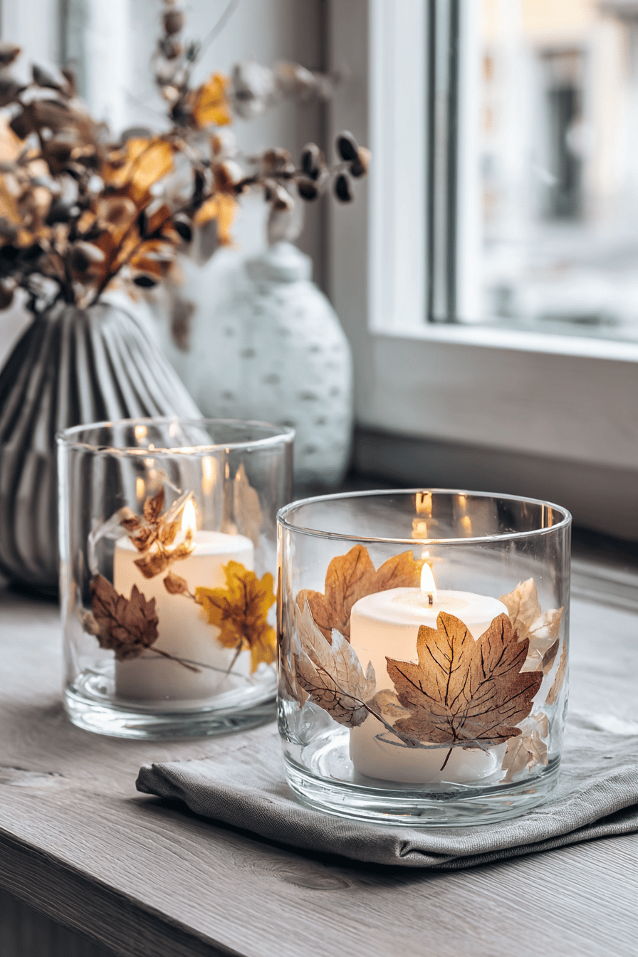 Herbstlich dekorierte Windlichter aus Glas mit Kerzen und Blättern.