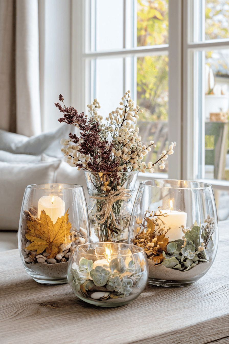 Verschiedene Glaswindlichter mit Kerzen und herbstlichen Naturmaterialien dekoriert.