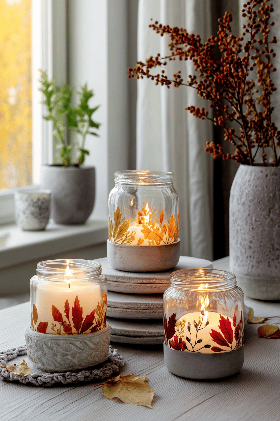 Herbstliche Teelichter aus Glas mit bunten Blättern bemalt und leuchtenden Kerzen.