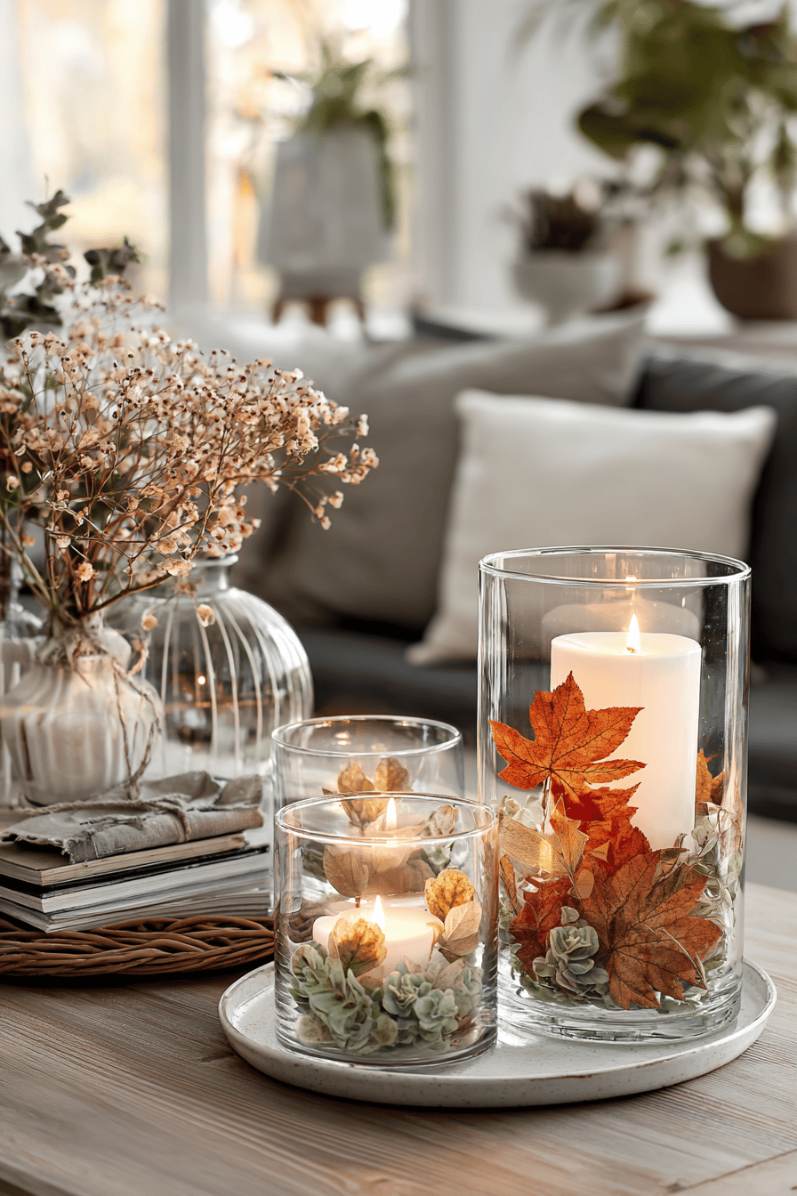 Teelichter in Glasgefäßen, dekoriert mit gepressten Herbstblättern.