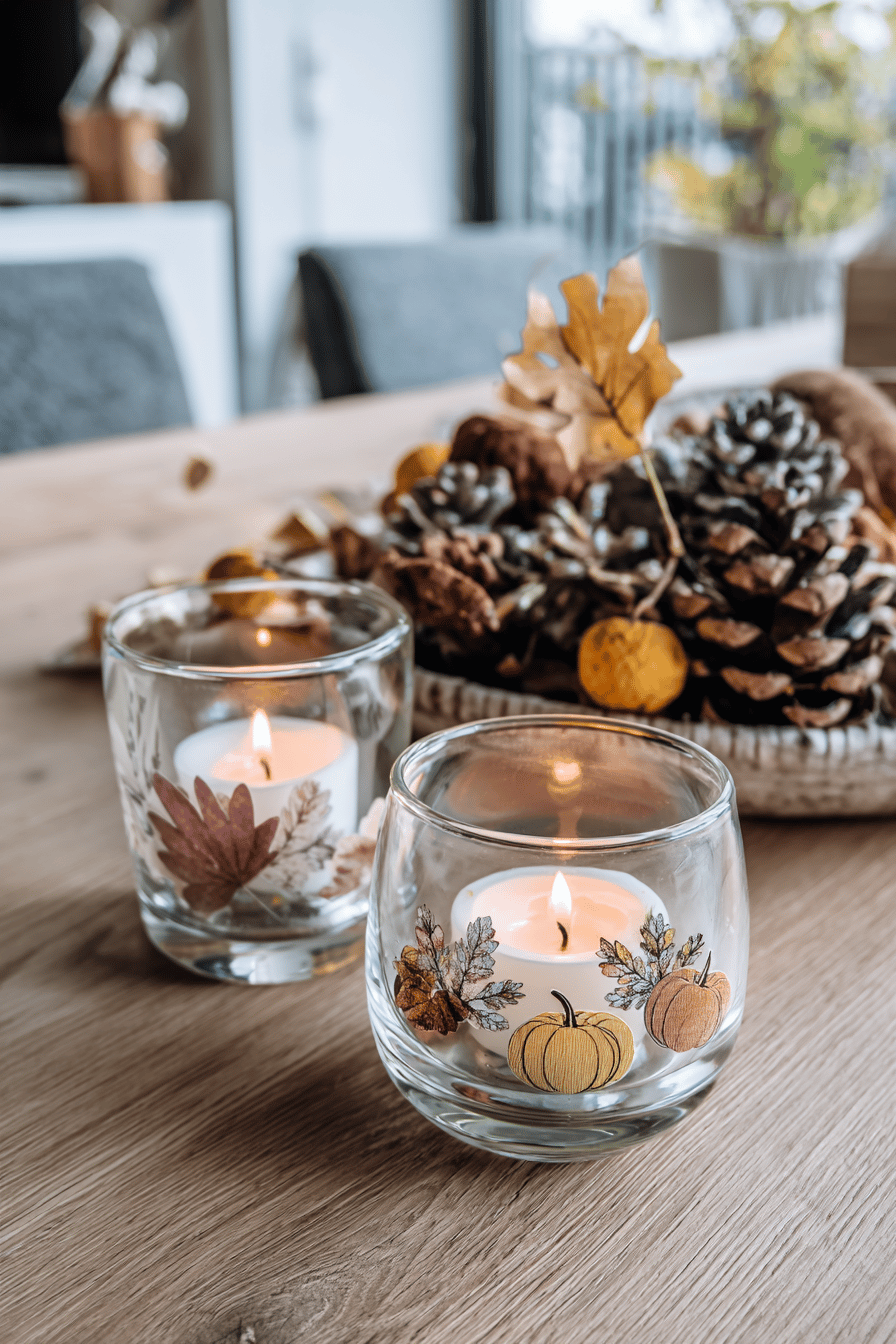 Zwei dekorative Glasteelichter mit Motiven von Herbstlaub und Kürbissen auf einem Tisch.