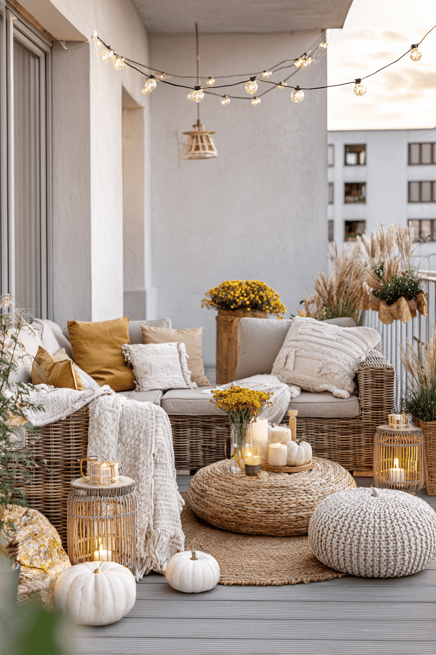 Gemütlich dekorierte Terrasse mit Lichterketten, Kerzen, Sofakissen und Kürbissen.