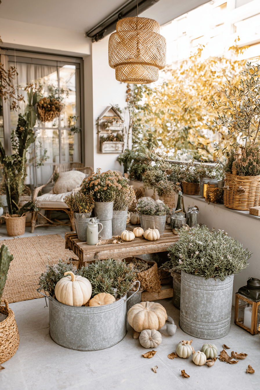 Herbstlich dekorierte Terrasse mit Zinkwannen, Kürbissen und Pflanzen.