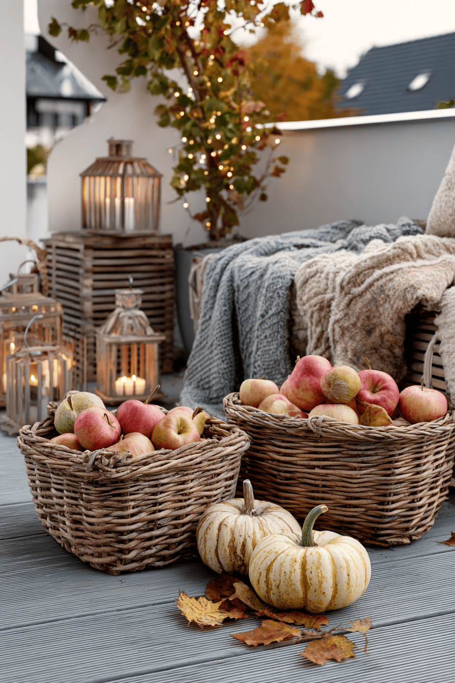 Ein herbstlich dekorierter Terrassenbereich mit Erntekörben voller Äpfel und Zierkürbisse, umgeben von Lichterketten und Laternen.