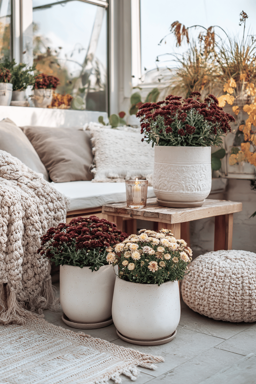 Gemütliche Terrasse mit herbstlicher Dekoration, einschließlich Chrysanthemen in Töpfen und kuscheligen Textilien.