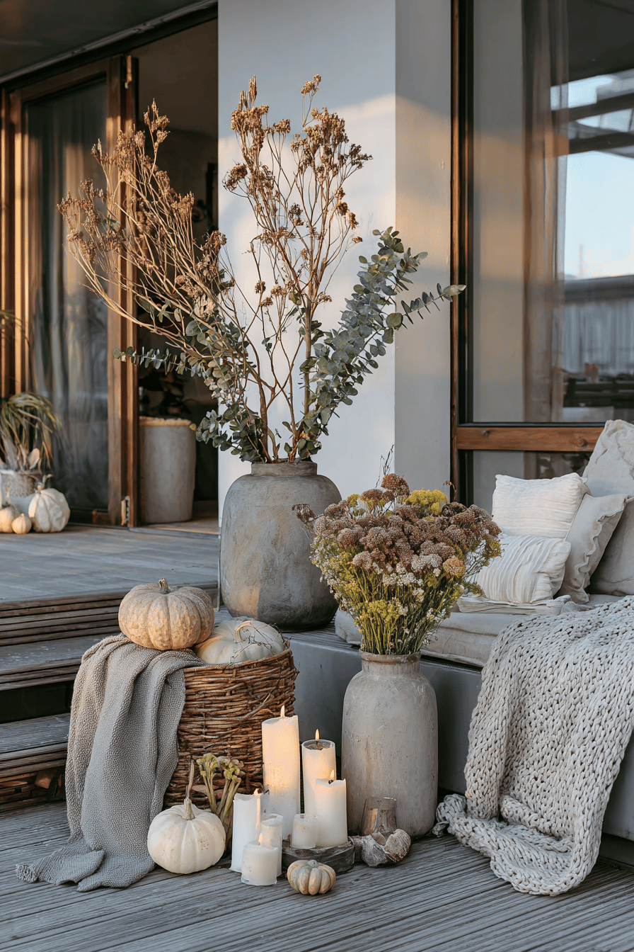 Eine gemütlich dekorierte Terrasse mit Eukalyptuszweigen, getrockneten Blumen, Kürbissen und Kerzen.