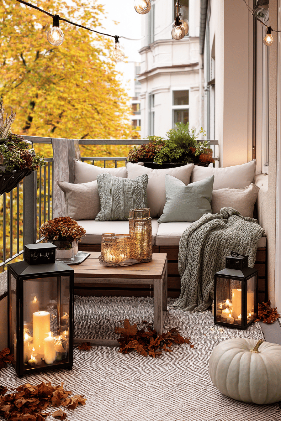 Herbstlich dekorierte Terrasse mit Laternen, LED-Kerzen, Kürbis und Herbstlaub.