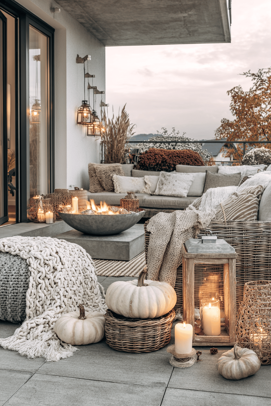 Eine herbstlich dekorierte Terrasse mit Feuerstelle, gemütlichen Decken, Kürbissen und Kerzen.