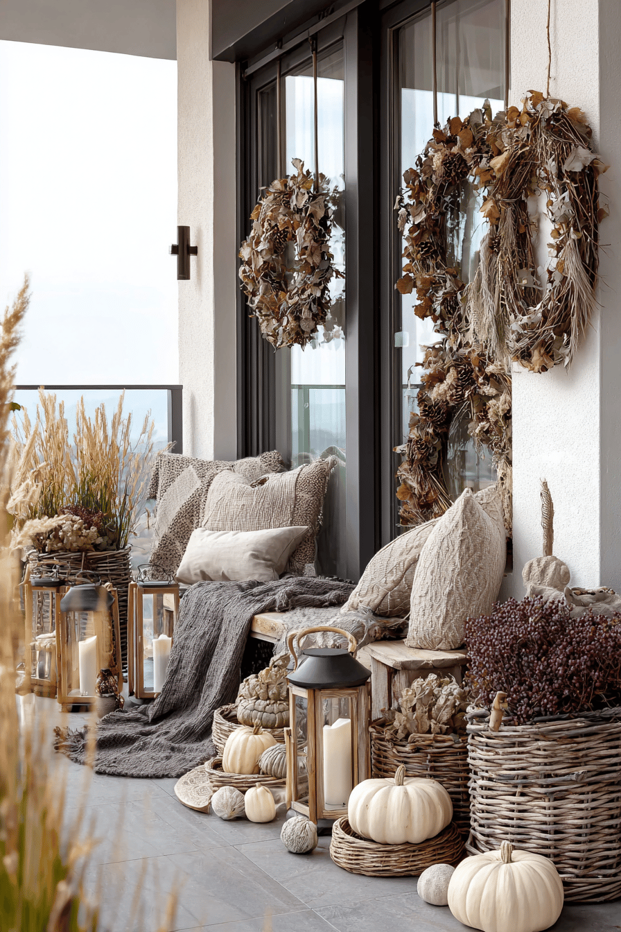 Gemütlich dekorierte Terrasse mit herbstlichen Kränzen, Kissen und Laternen.