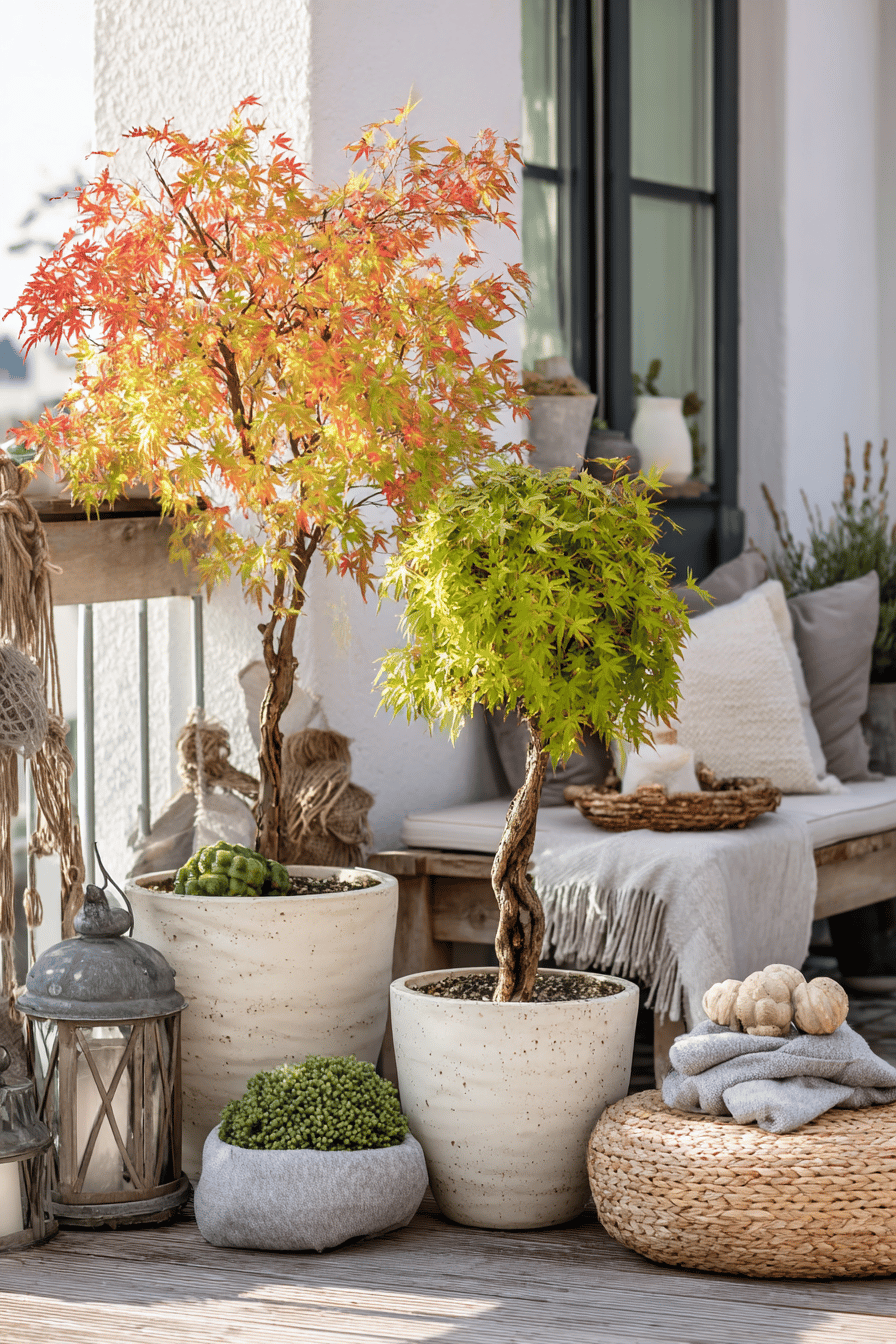 Herbstlich dekorierte Terrasse mit japanischen Fächer-Ahornen in weißen Kübeln, Laterne und Kürbissen