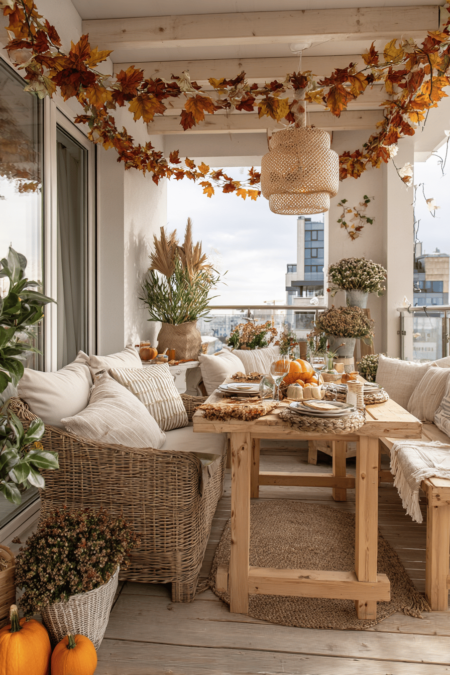 Eine herbstlich dekorierte Terrasse mit Laubgirlanden, Kürbissen und gemütlichen Sitzgelegenheiten.