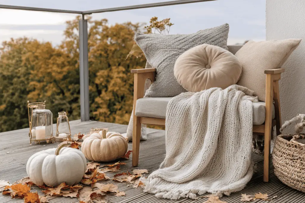 Herbstliche Terrasse mit Kürbissen und Kissen
