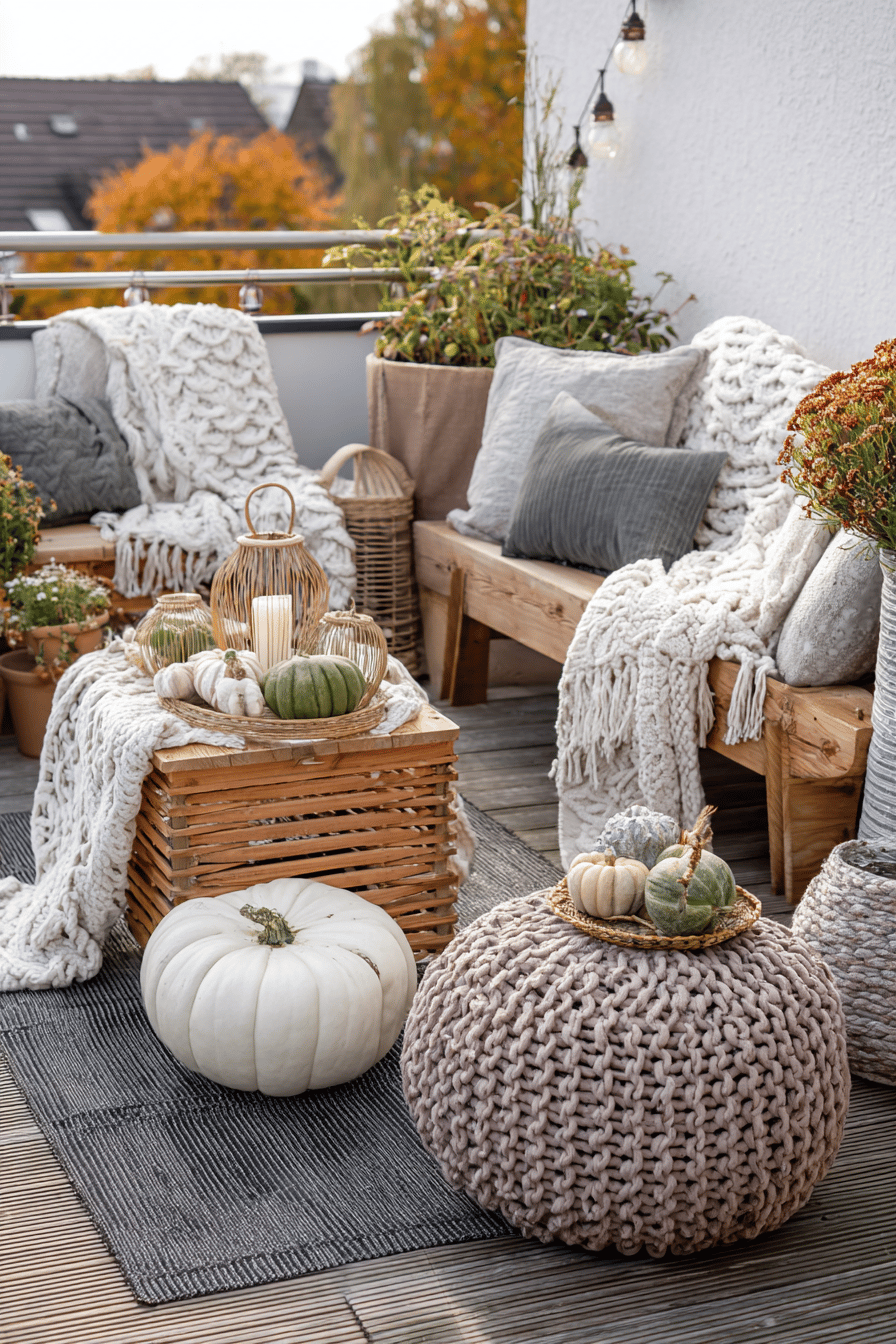 Herbstlich dekorierte Terrasse mit Holzmöbeln, Kürbissen und Decken.