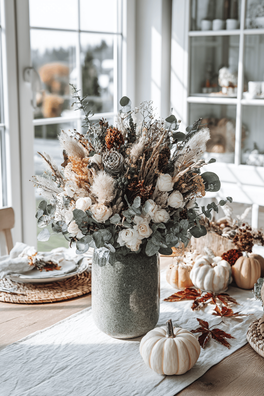 Ein eleganter Herbststrauß aus Trockenblumen in einer Vase, umgeben von kleinen Kürbissen und dekorativen Blättern auf einem Tisch.