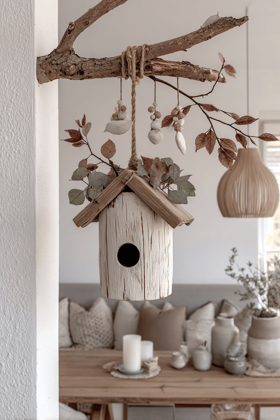Ein dekoratives Vogelhaus aus Holz an einem Ast, verziert mit Blättern und hängenden Elementen.