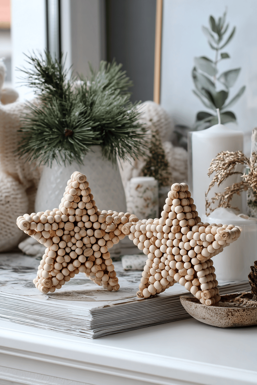 Zwei große 3D-Holzsterne aus kleinen Holzkugeln als weihnachtliche Dekoration auf einem Tisch.
