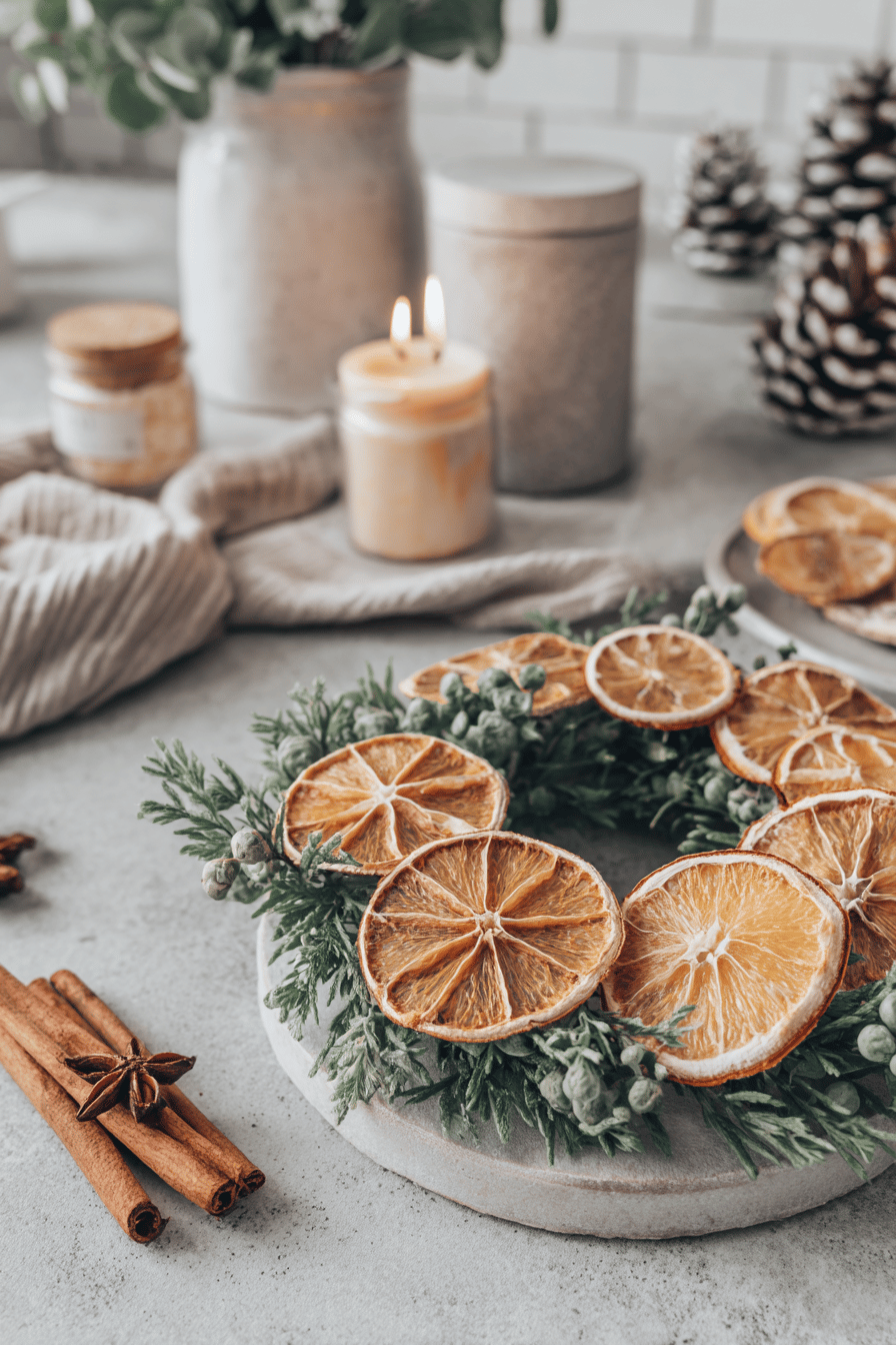 Ein Adventskranz aus getrockneten Orangen und Zimtstangen mit Kerzen und Kiefernzweigen.