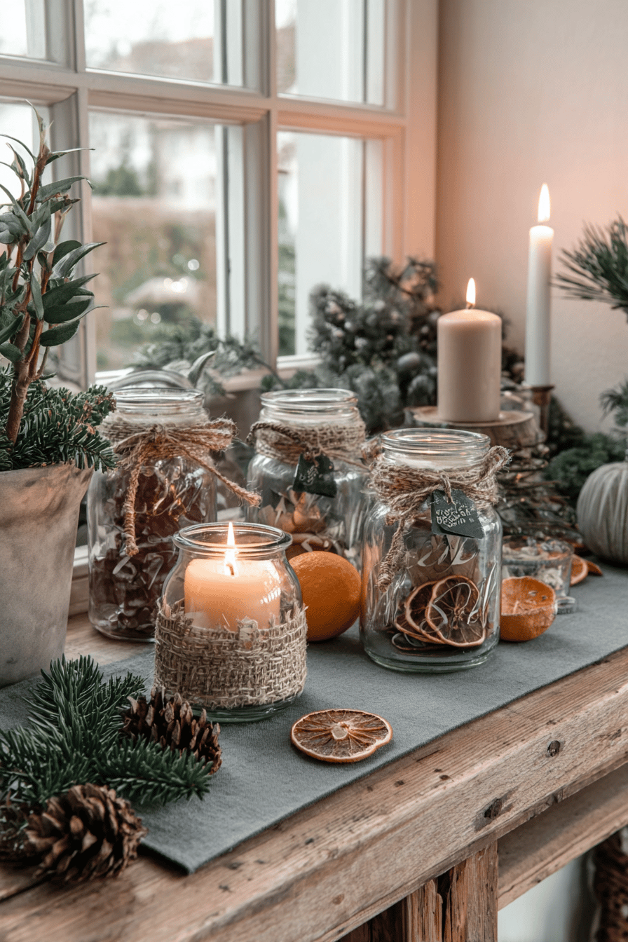 Verschiedene Einweggläser gefüllt mit Tannenzweigen und getrockneten Orangen, dekoriert mit Kerzen und Tannenzapfen.