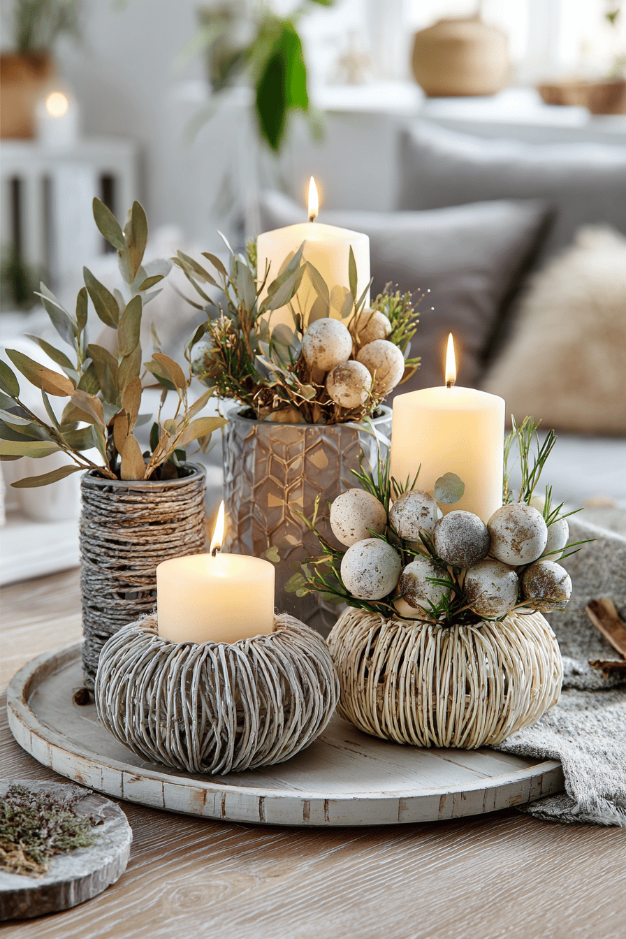Rustikaler Tisch mit kreativen Kerzenhaltern aus natürlichen Materialien, geschmückt mit Zweigen und Kugeln.