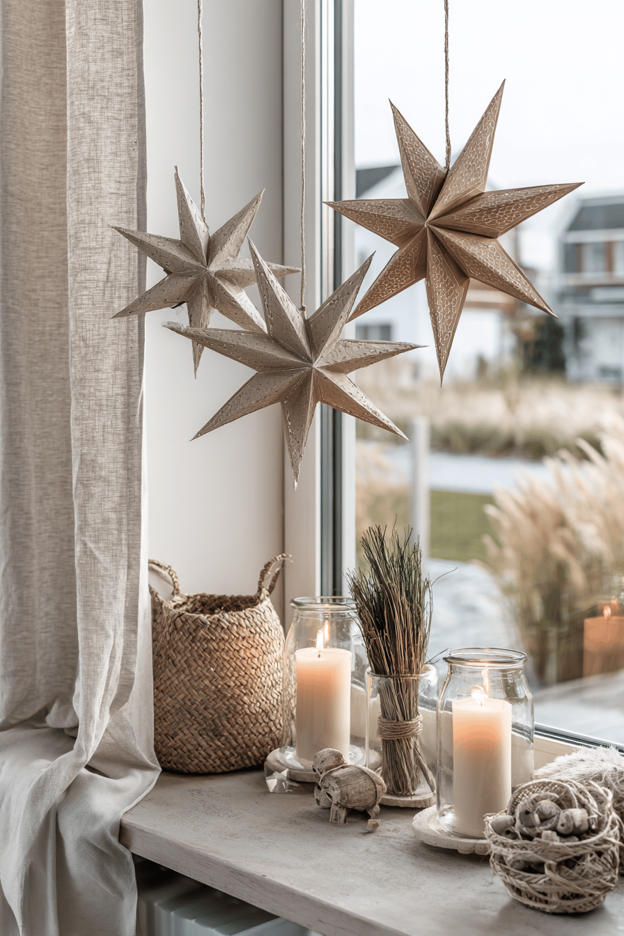 Hängende Papiersterne und Kerzen auf einer Fensterbank als Adventsdekoration.