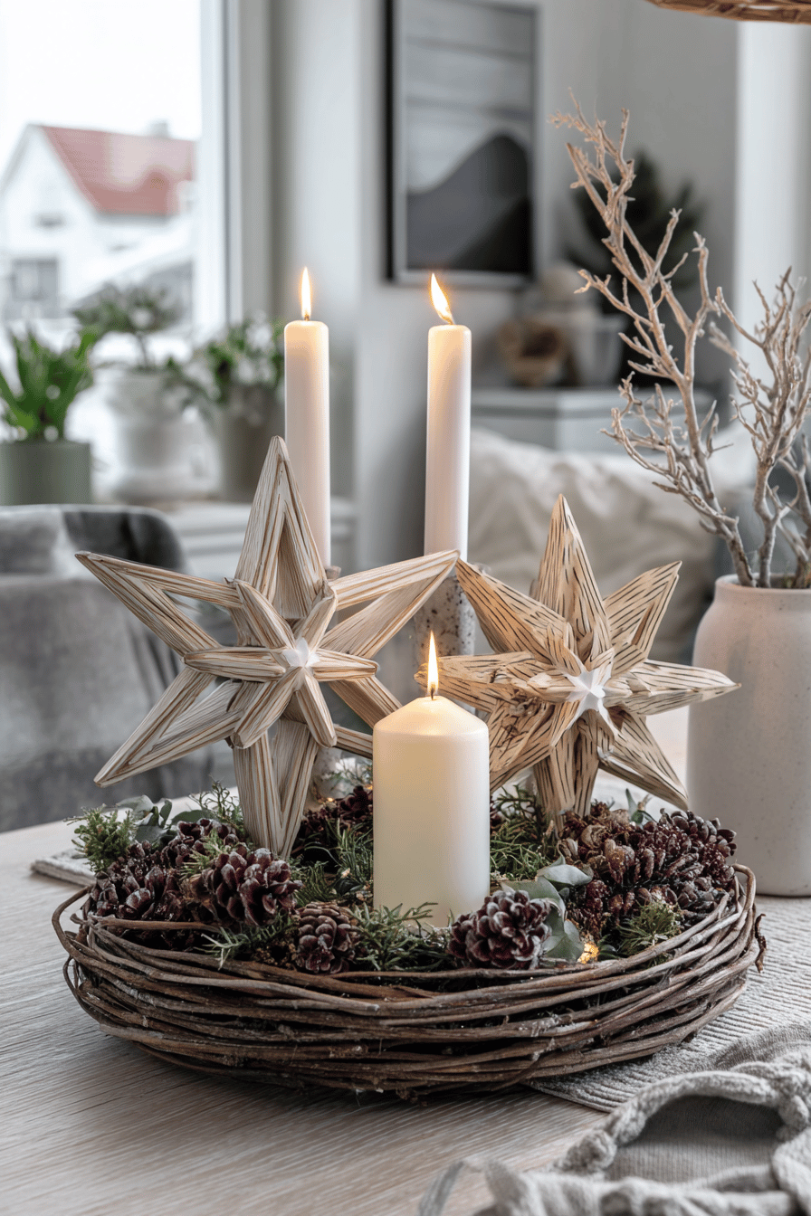 Skandinavischer Adventskranz mit Holzsternen und Kerzen auf einem Tisch.