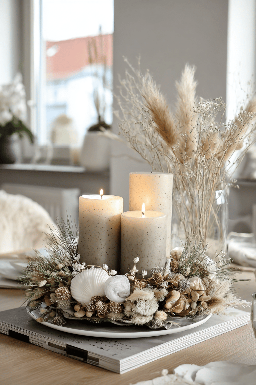 Ein festlicher Tisch mit einem Weihnachtskranz aus getrockneten Blumen und drei brennenden Kerzen.