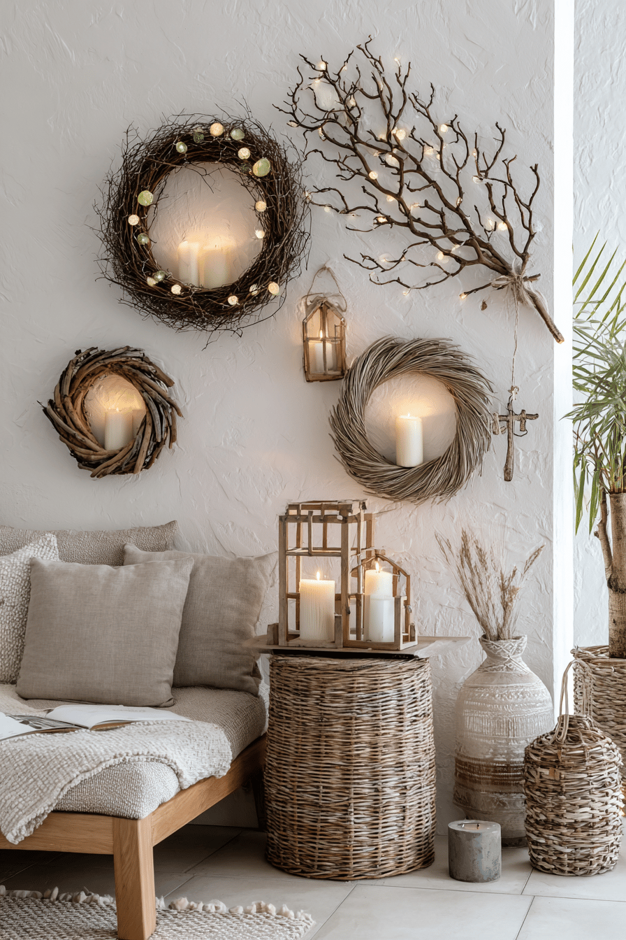 Wanddekoration mit getrockneten Zweigen, Lichterketten und Kerzen für die Adventszeit.