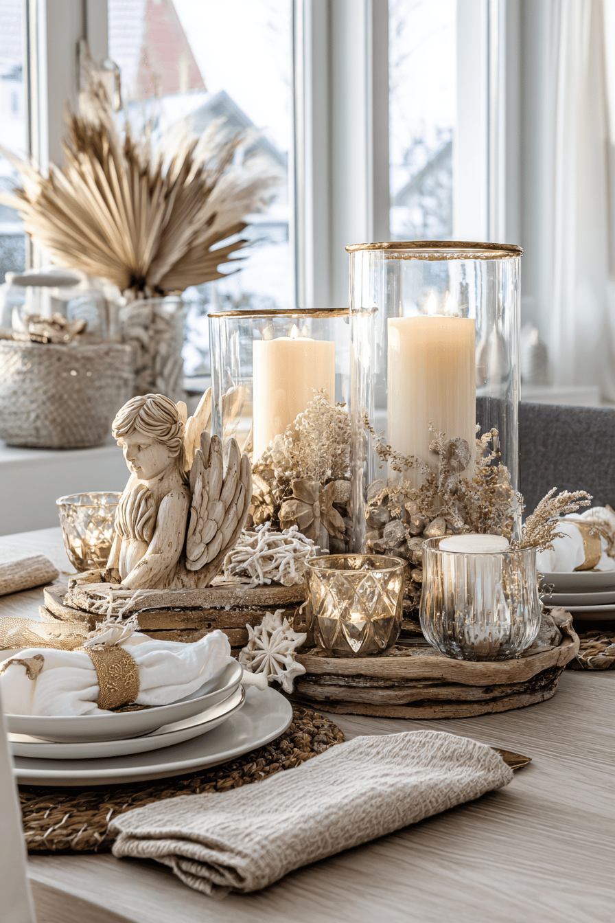 Ein dekorativer Adventstisch mit Engelfiguren, goldenen Kerzen und weihnachtlichen Details.