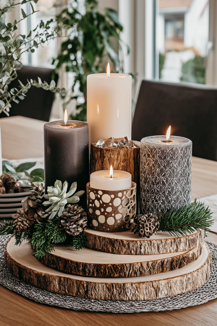 Adventsgesteck auf Holzscheiben mit verschiedenen Kerzen, Tannenzapfen und Zweigen dekoriert.
