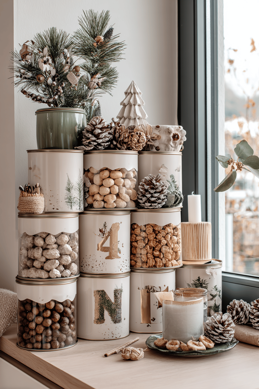 Ein Adventskalender aus gestapelten Blechdosen mit Tannenzweigen und Nüssen dekoriert.