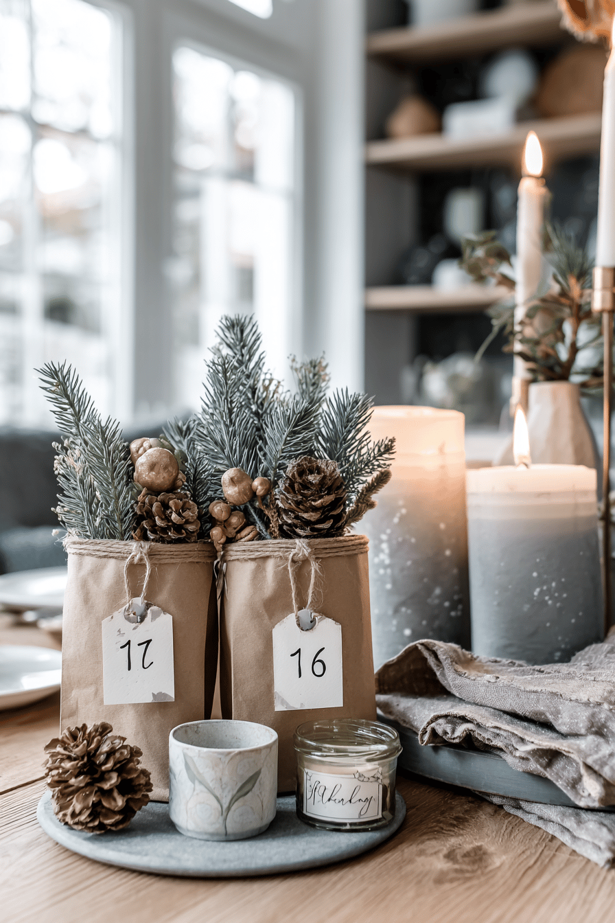DIY Adventskalender aus Papiertüten mit Tannenzweigen und Kerzen als festliche Dekoration.