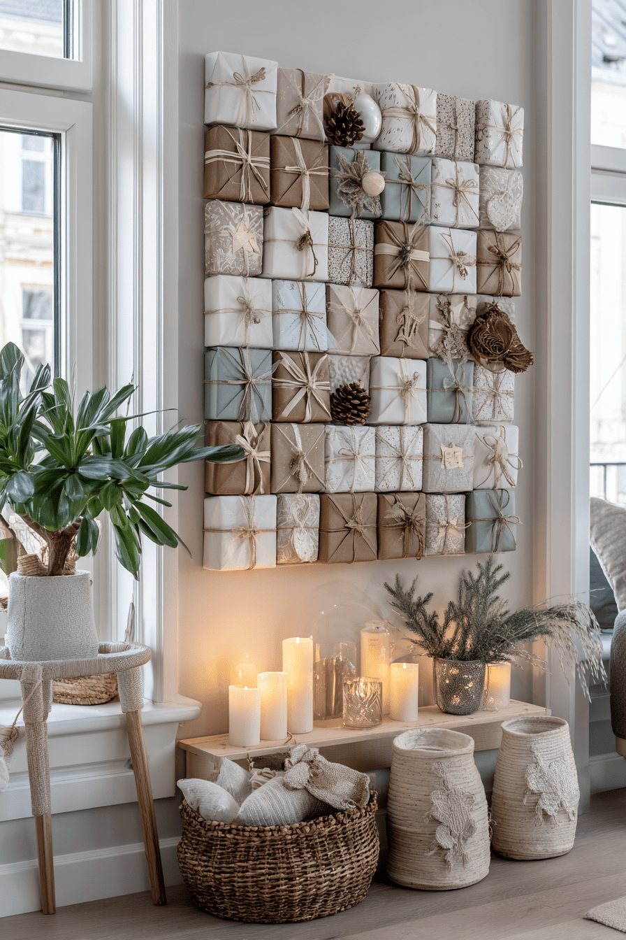Ein dekorativer Adventskalender aus kleinen Geschenkboxen an der Wand mit Kerzen und Pflanzen dekoriert.