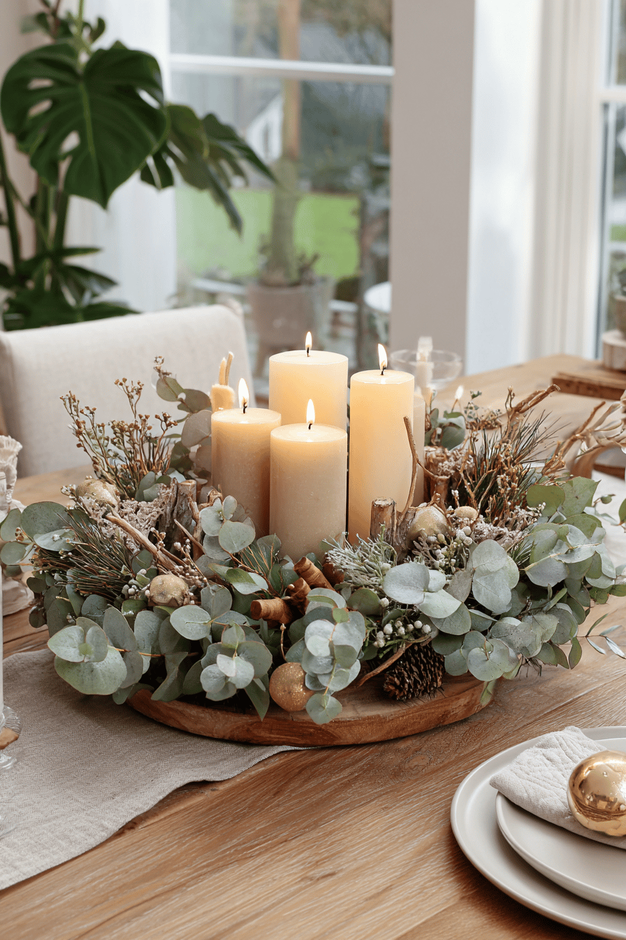 Ein Adventskranz aus Eukalyptus und Cassia mit vier brennenden Kerzen auf einem Holztisch.