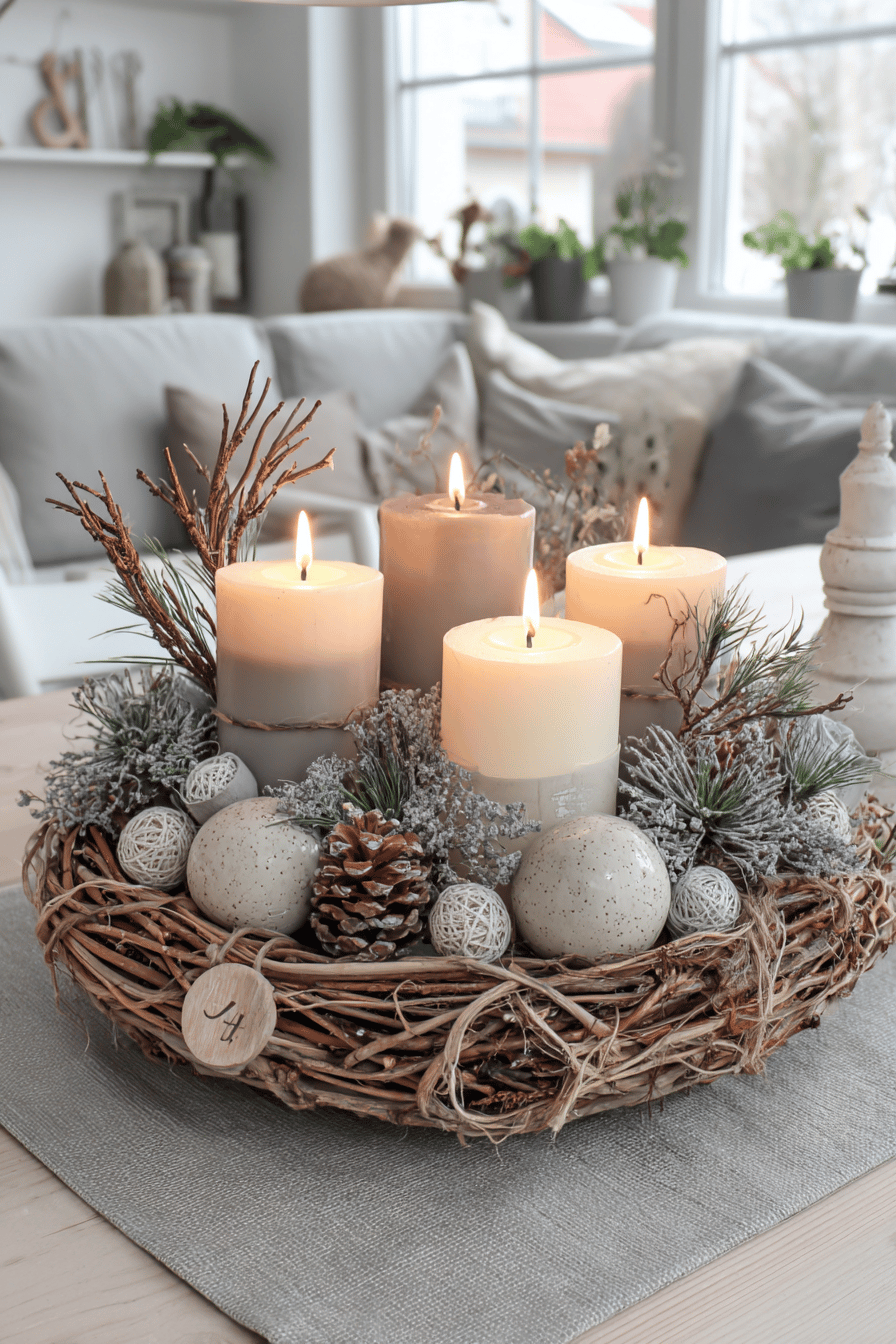 Ein klassischer Adventskranz mit vier Kerzen und Tannenzweigen, dekoriert mit kleinen Kugeln und Zapfen.