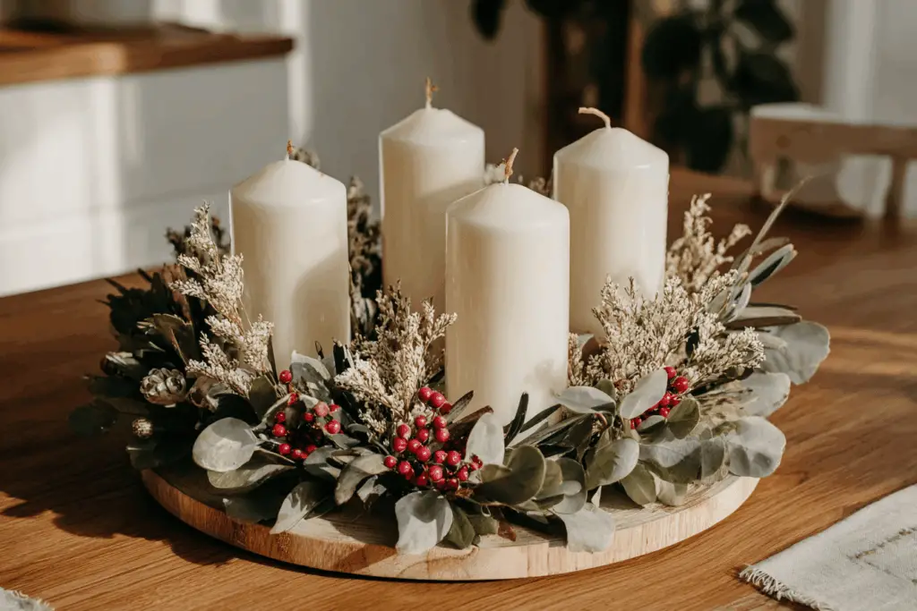 Adventskranz mit vier weißen Kerzen und Beeren