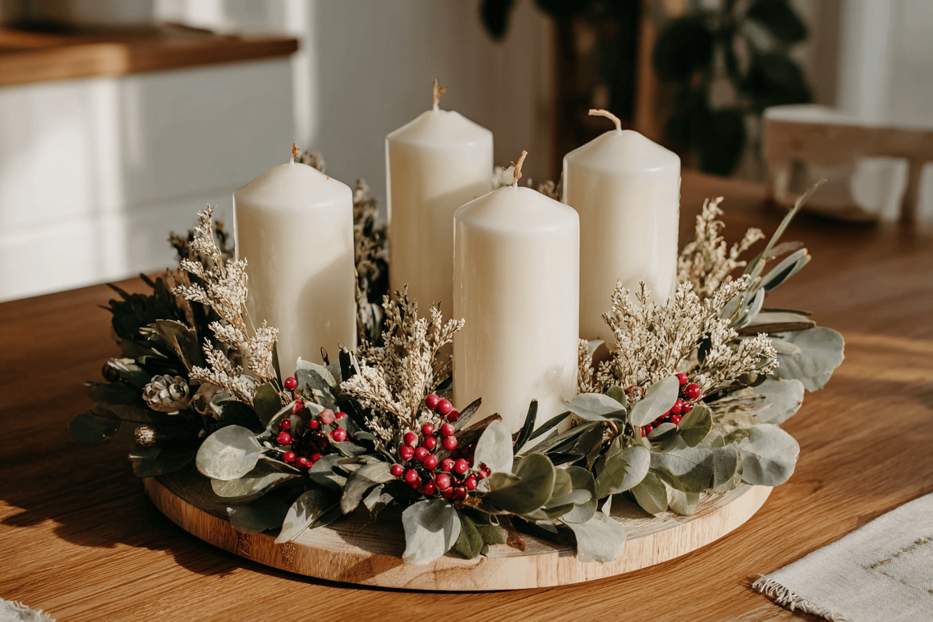 Adventskranz mit vier weißen Kerzen und Beeren