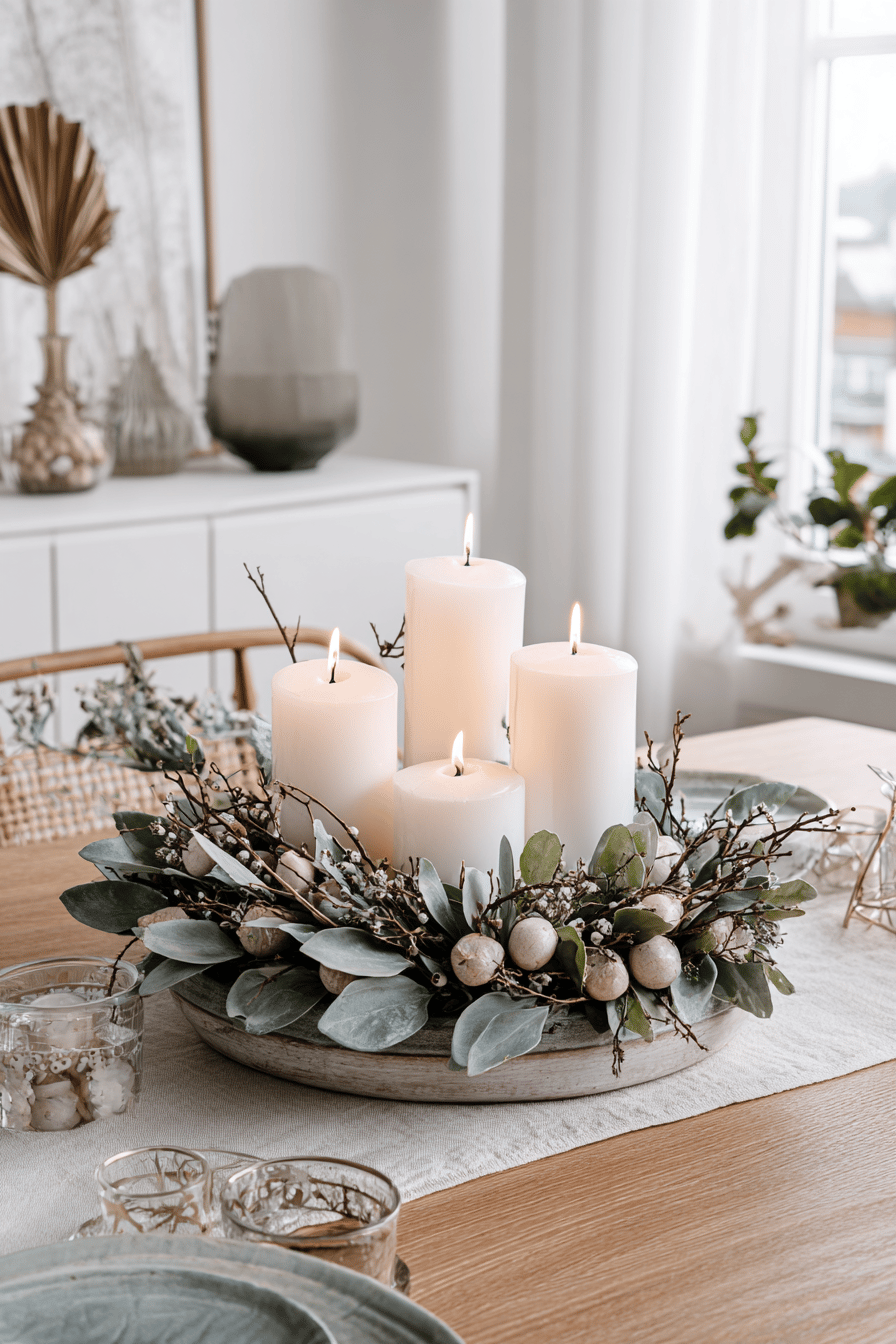 Ein stilvoller Adventskranz mit weißen Kerzen, Lorbeerblättern und Beeren auf einem Tisch.