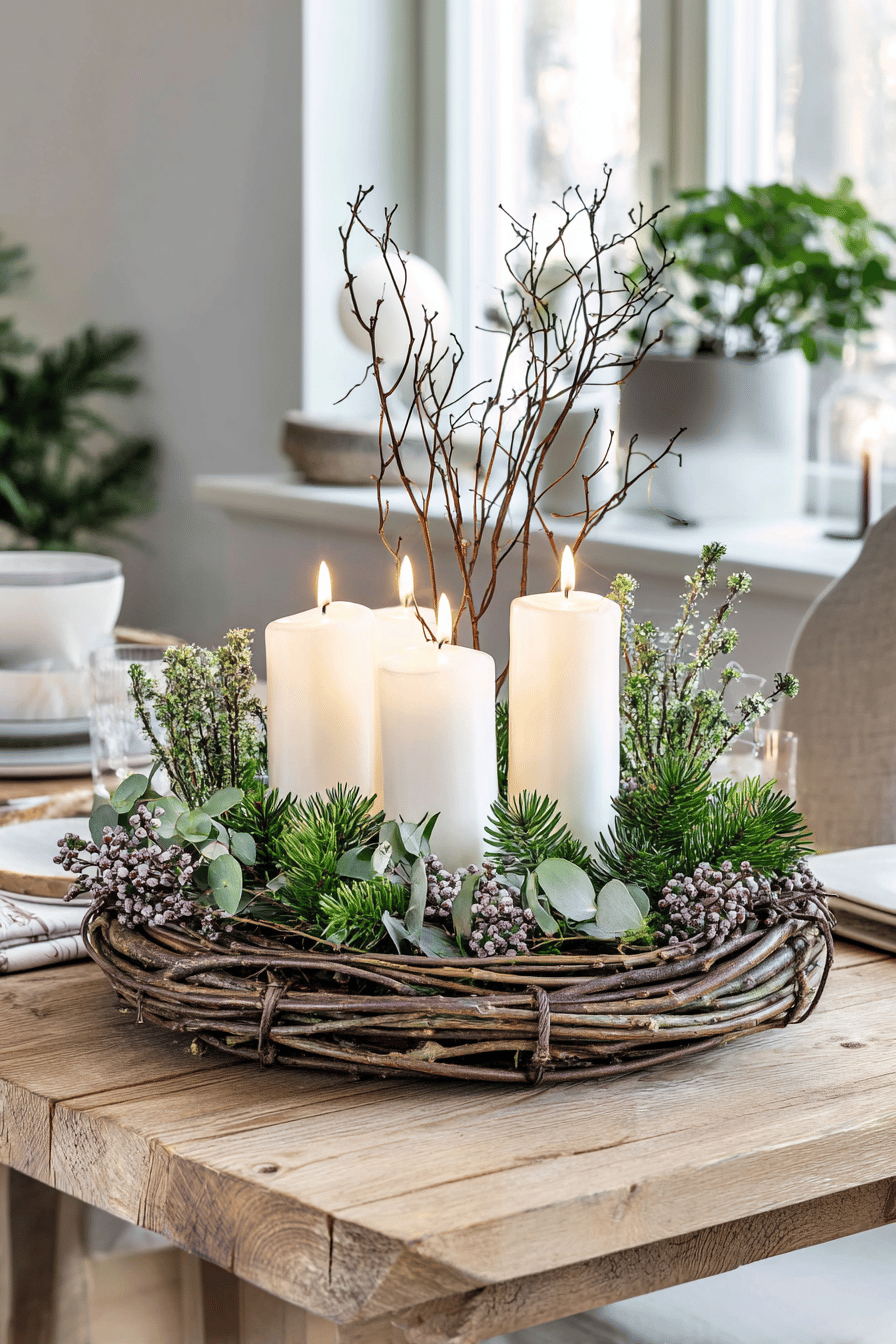 Ein natürlicher Adventskranz aus Zweigen mit brennenden Kerzen und Dekoration.