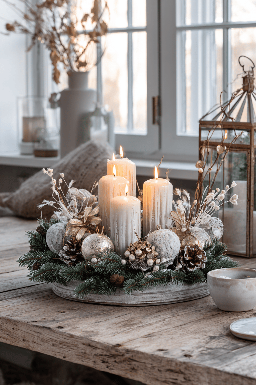 Ein festlicher Adventskranz aus Tannenzweigen mit weißen Kerzen und Winterdekoration auf einem Holztisch.