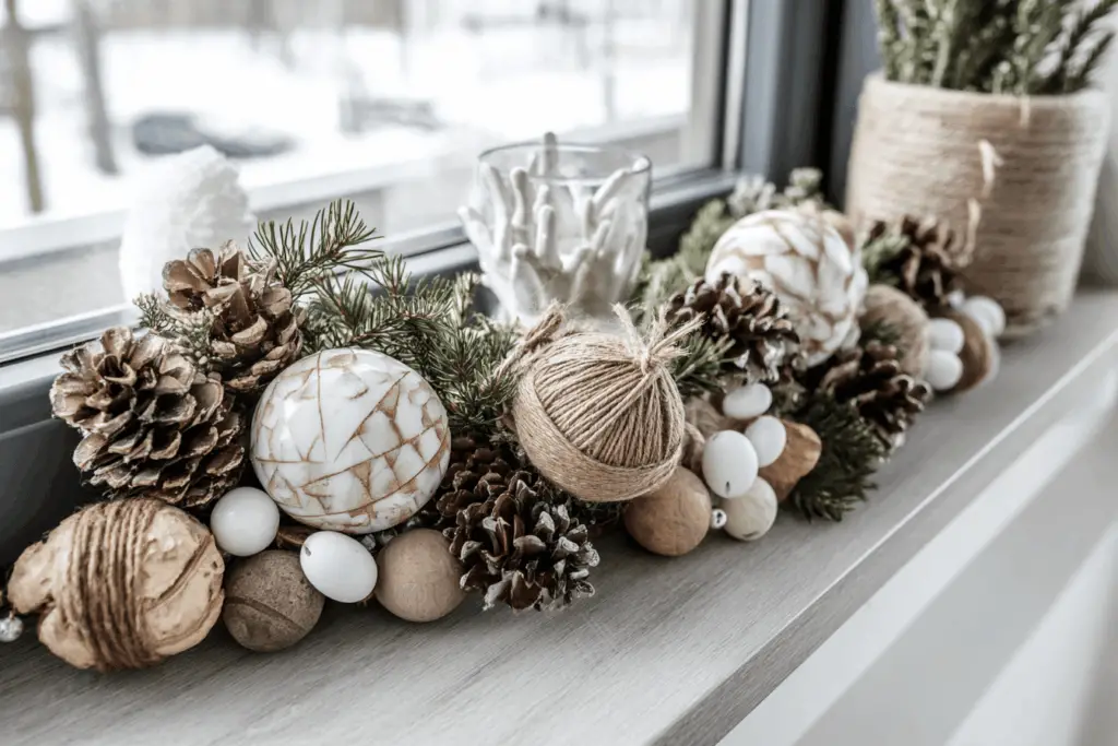 Winterliche Fensterdekoration mit Tannenzapfen und Kugeln.