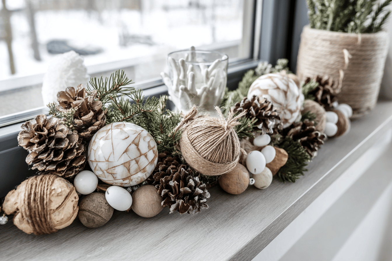 Winterliche Fensterdekoration mit Tannenzapfen und Kugeln.